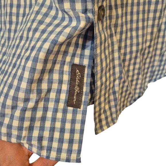 Eddie Bauer Men's Dusty Blue & White Mini Gingham Check Button Down Short Sleeve - Picture 3 of 11
